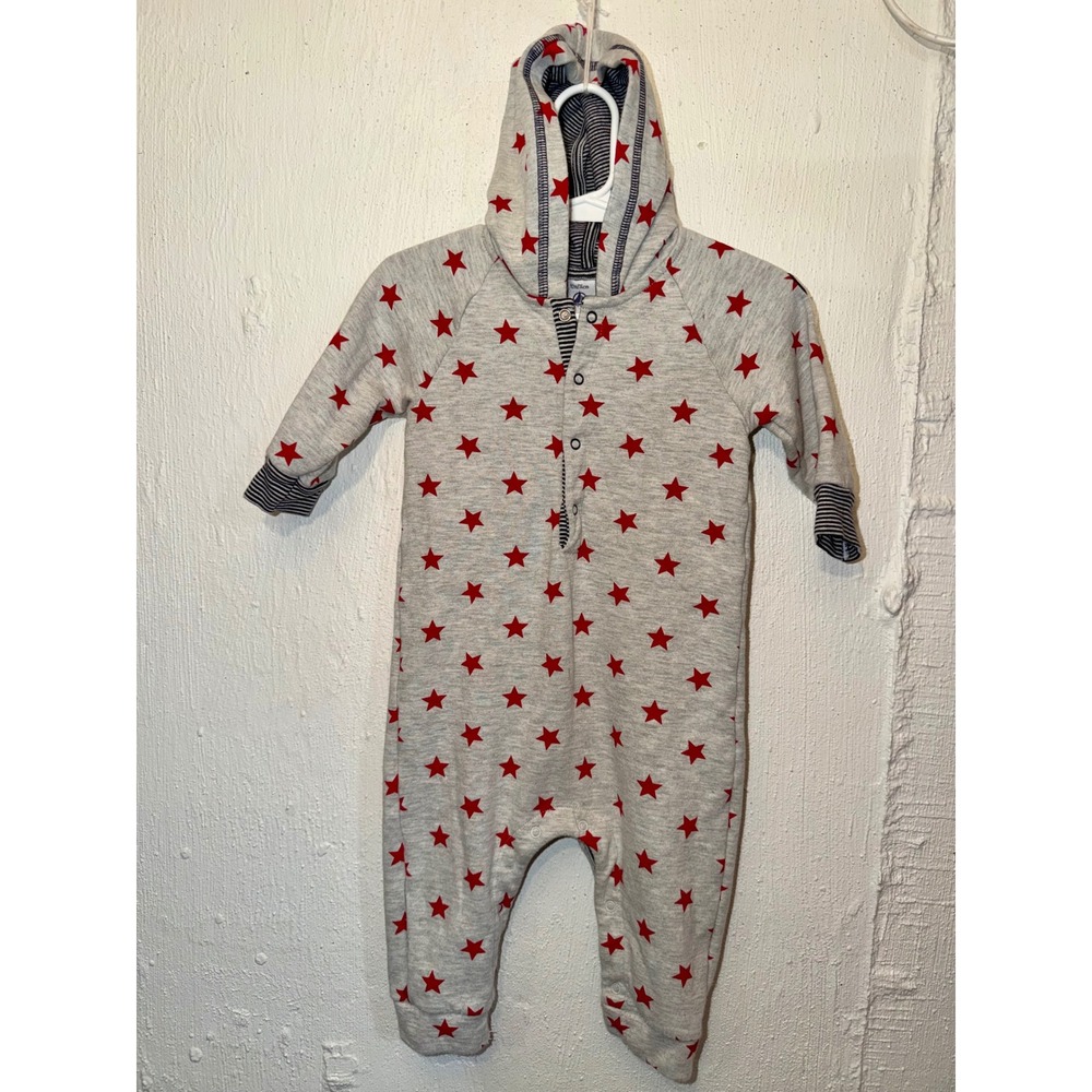 Petit Bateau Baby Gray Red Star Hooded Romper One Piece 12M 74cm
